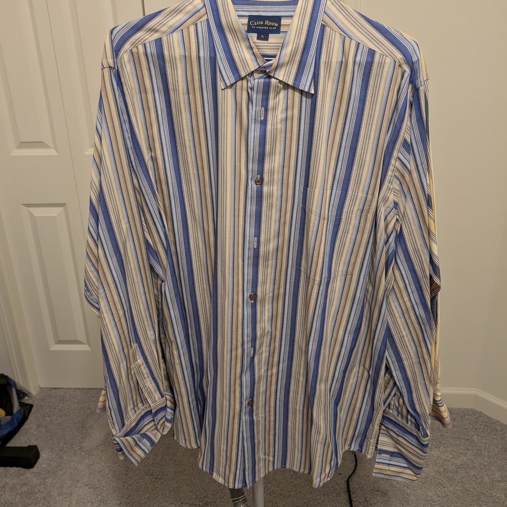 Club Room Men's Striped Blue and Tan Shirt